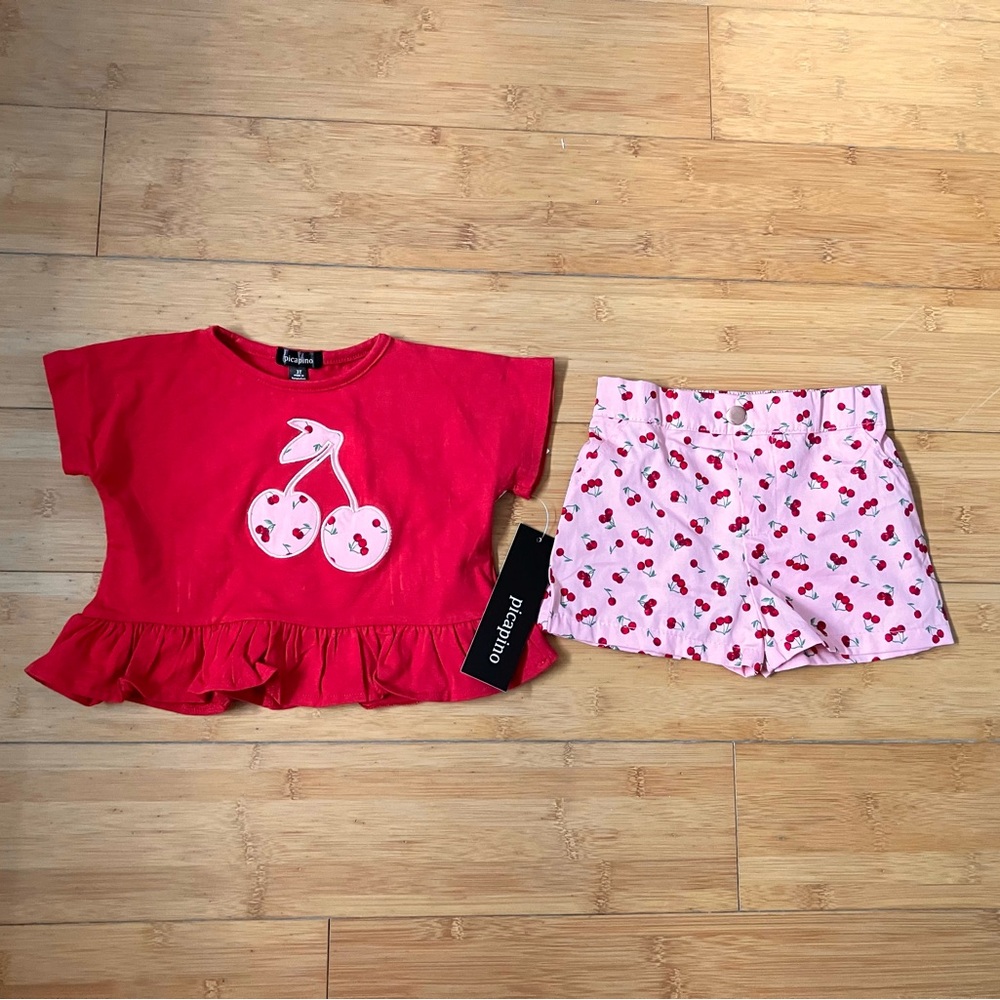 NWT Girls Size 3T Cherry Outfit - Peplum Top & Shorts